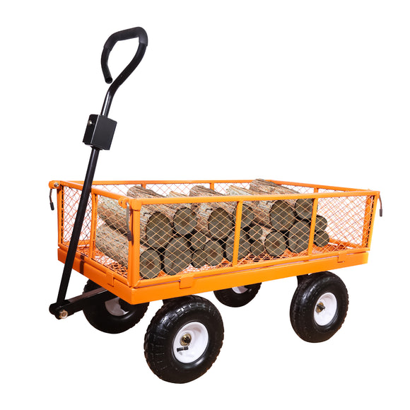 AAIN 800 lbs Metal Garden Cart, Heavy Duty Garden Wagon with Removable Steel Mesh Sides, Utility Yard Carts with 180° Rotating Handle with 10 inch Wheels, 4cu.ft Load Capacity Outdoor Wagons