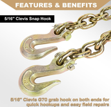AAIN EI022 G80 Heavy Duty Transport Chain 5/16 Inch x 10 Feet, Load Binder Tow Lock Chains with G70 Clevis Grab Hooks, 4,900 lbs Safe Working Load for Loading Tie Down Fixed Cargo Flatbed Truck Trailer