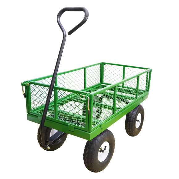 AAIN 400 lbs Metal Garden Cart,Heavy Duty Garden Wagon with Removable Steel Mesh Sides, Utility Yard Cart with 180° Rotating Handle and 10-Inch Wheels—Perfect for Gardens, Farms, and Yards, GreenC