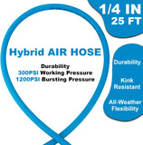 A A IN Air Hose 1/4 in x 25 ft Rubber Air Compressor Hose with Lightweight, Kink Resistant, Flexible, All-Weather Air Tool Hoses 300 PSI Air Tools Hose for Roofing and Furniture Jobs