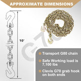 AAIN 3/8" x 10FT Heavy-Duty Steel Chain – 7100 LB Working Load Limit, Rust-Resistant, for Towing, Lifting, and Bindingooks for Transporting Towing Tie Down Binding Equipment
