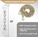 AAIN Ei022A2 Transport Binder Chain 2 Pack 5/16IN * 10FT | 4,900 LBS Working Load Capacity| G80 Tow Chain with G70 Grab Hooks |Heavy Duty for Transporting, Towing, Tie Down Binding