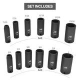 AA031 3/8” Drive SAE Deep Impact Socket Set, 6-Point Design, 12-Piece Set  5/16” to 1”