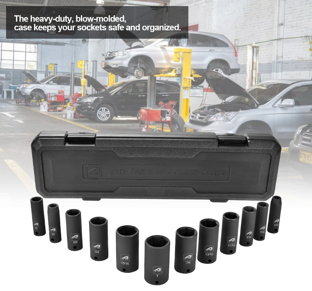 AA031 3/8” Drive SAE Deep Impact Socket Set, 6-Point Design