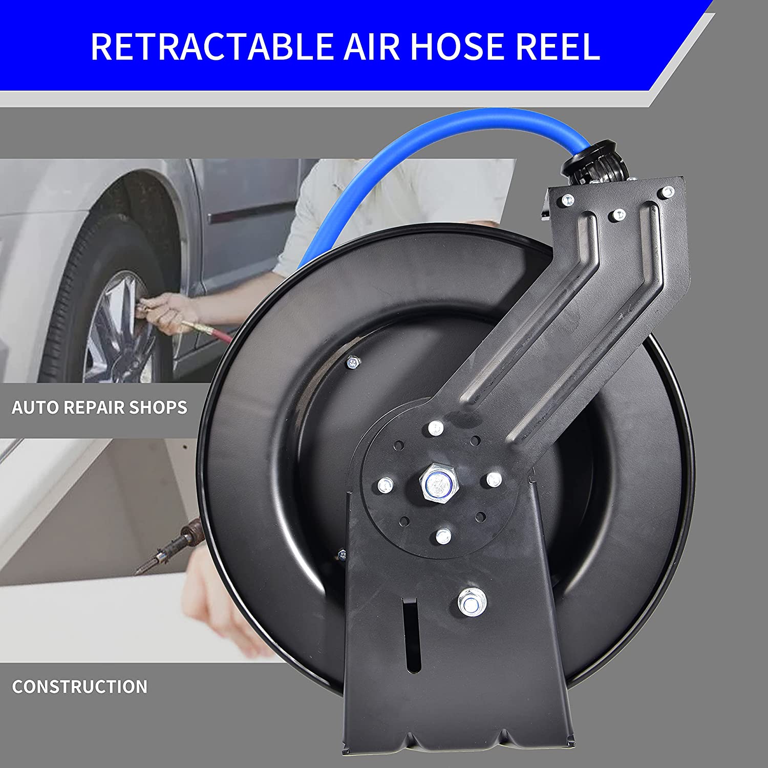 Aain AA039 Retractable Air Hose Reel with 3/8 inch x 50' ft, Heavy Duty Steel Hose Reel Auto Rewind Pneumatic, Black Industrial Grade Rubber Hose.